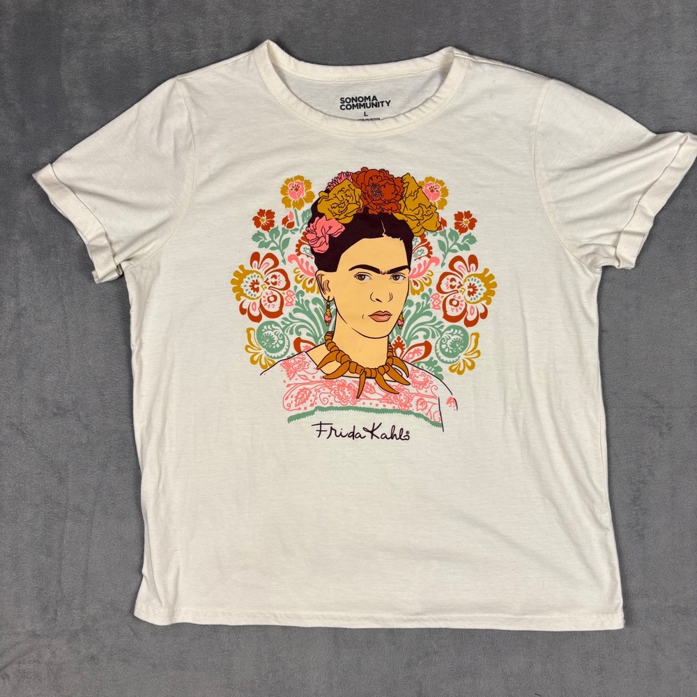 Sonoma Community Frida Kahlo Graphic T-Shirt Cream Floral Short Sleeve Large